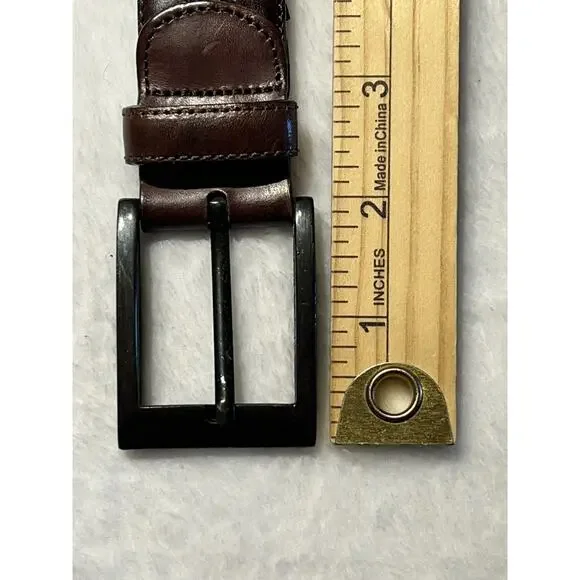 Mezlan Spain 38 Mens Leather Dress Belt Dark Brown Belt Gunmetal Tone Buckle - Picture 5 of 14